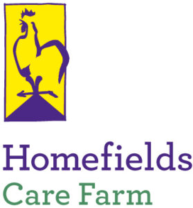 Homefields Care Farm logo with yellow background and purple rooster