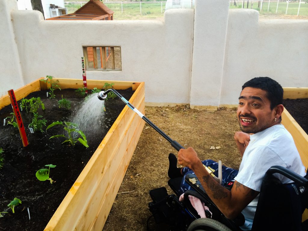 Person in a wheelchair watering raised beds