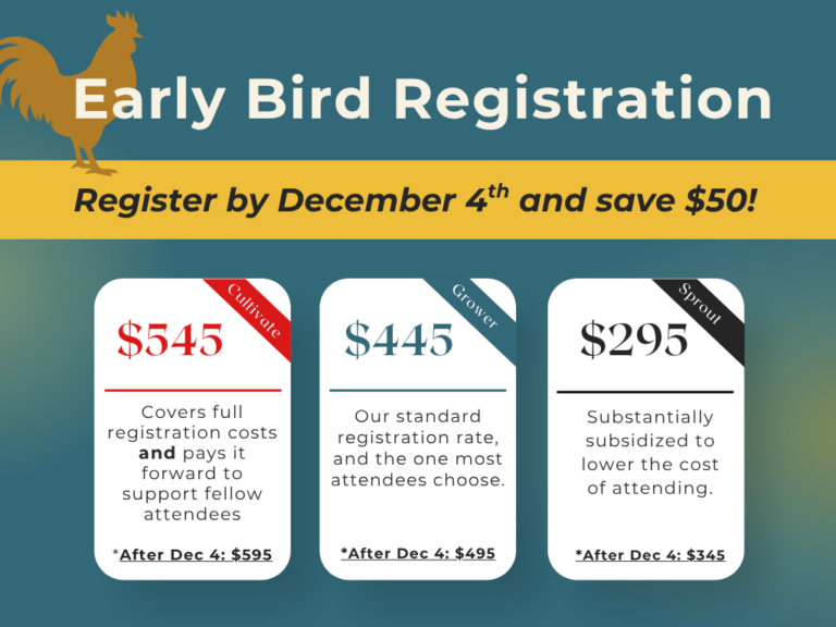 Registration tiers: Cultivate $545, Grower $445, Sprout $295. Register by December 4, 2026, to save $50.