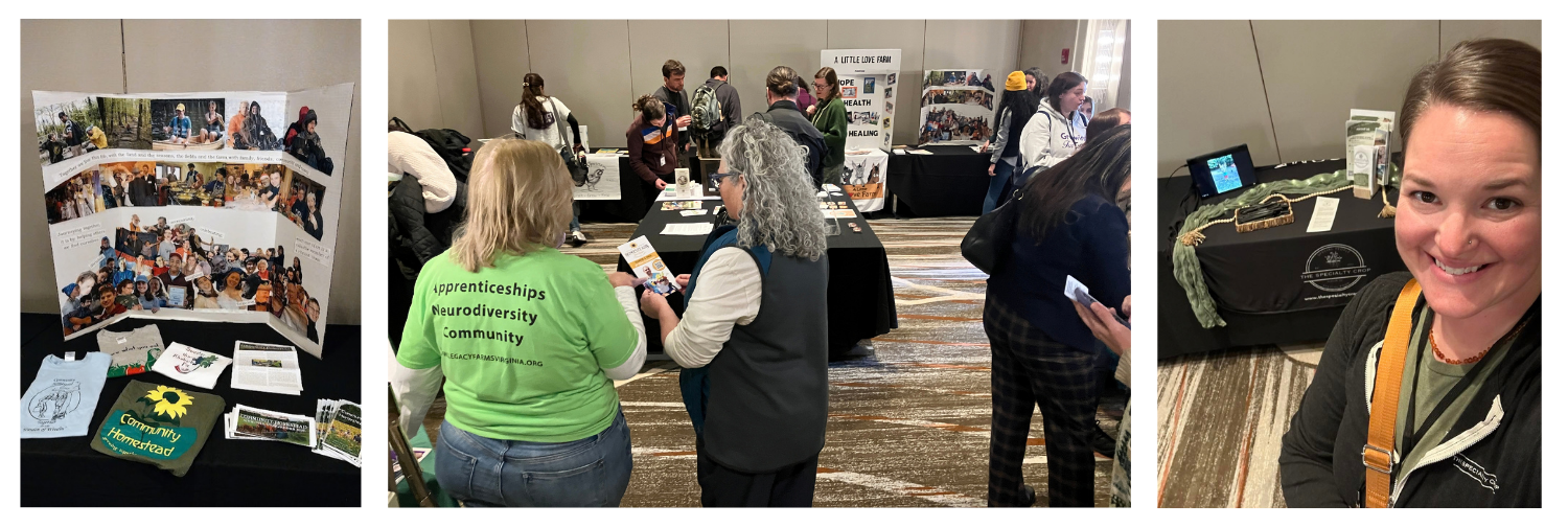 Trifold display and conference attendees milling around the Care Farm Showcase.